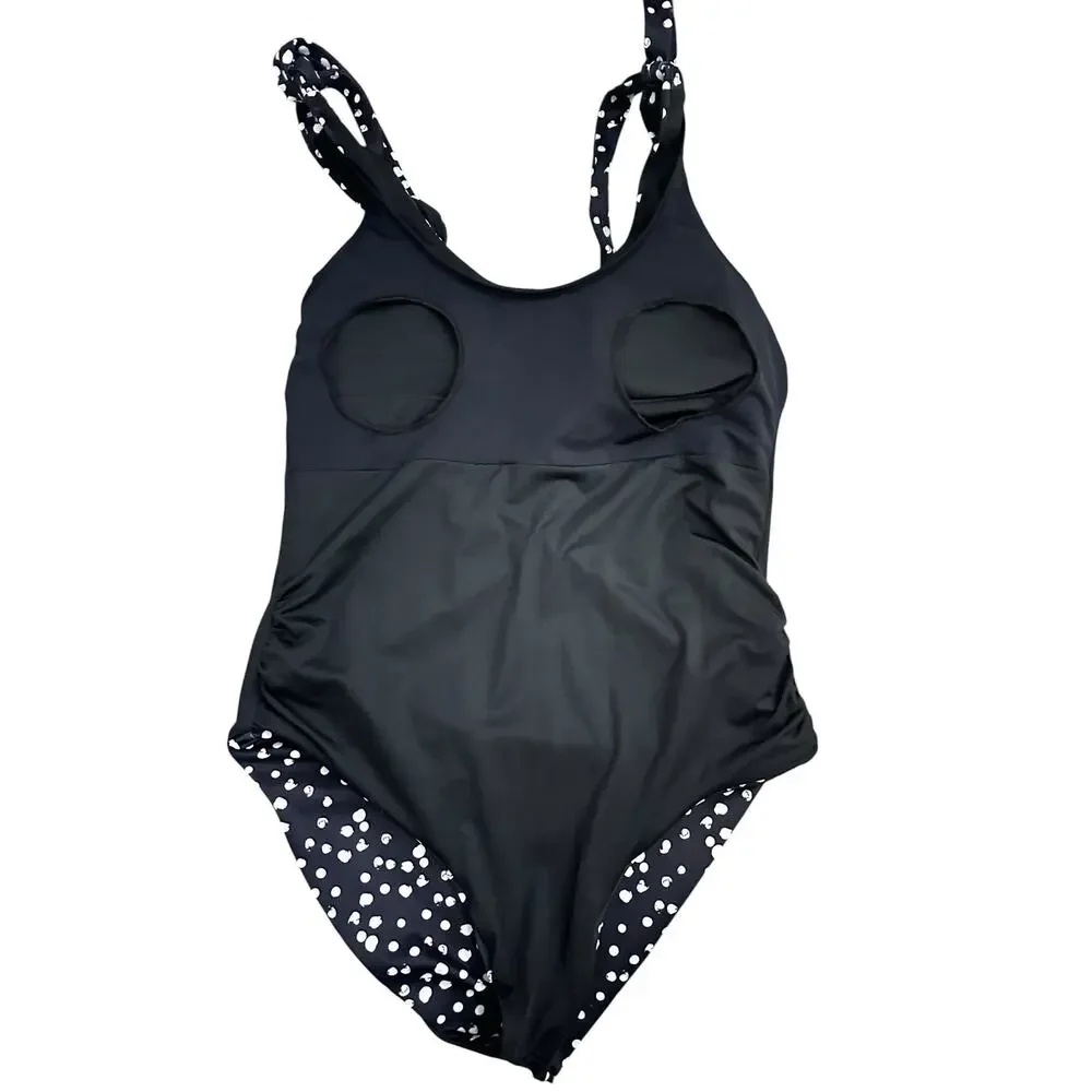 Movemama Ribbed Nursing Swimsuit Black White Scattered Dot One Piece L - Picture 5 of 9